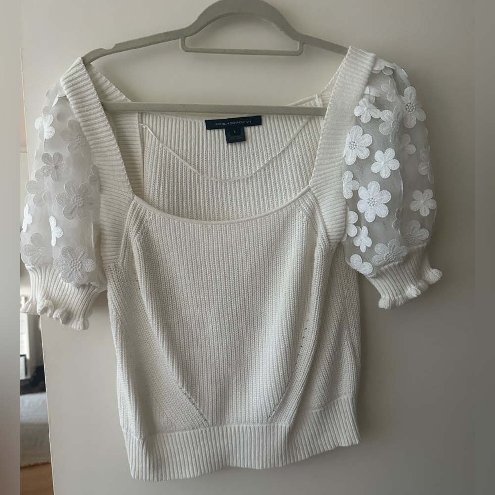 French Connection White Lace Sleeve Blouse size L